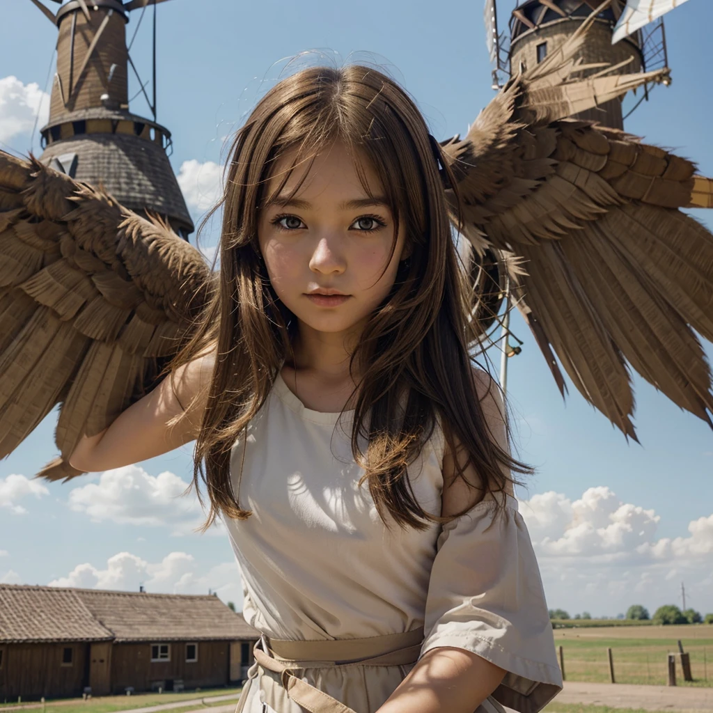 Make an anime girl about with golden wings and brown hair in a windmill
