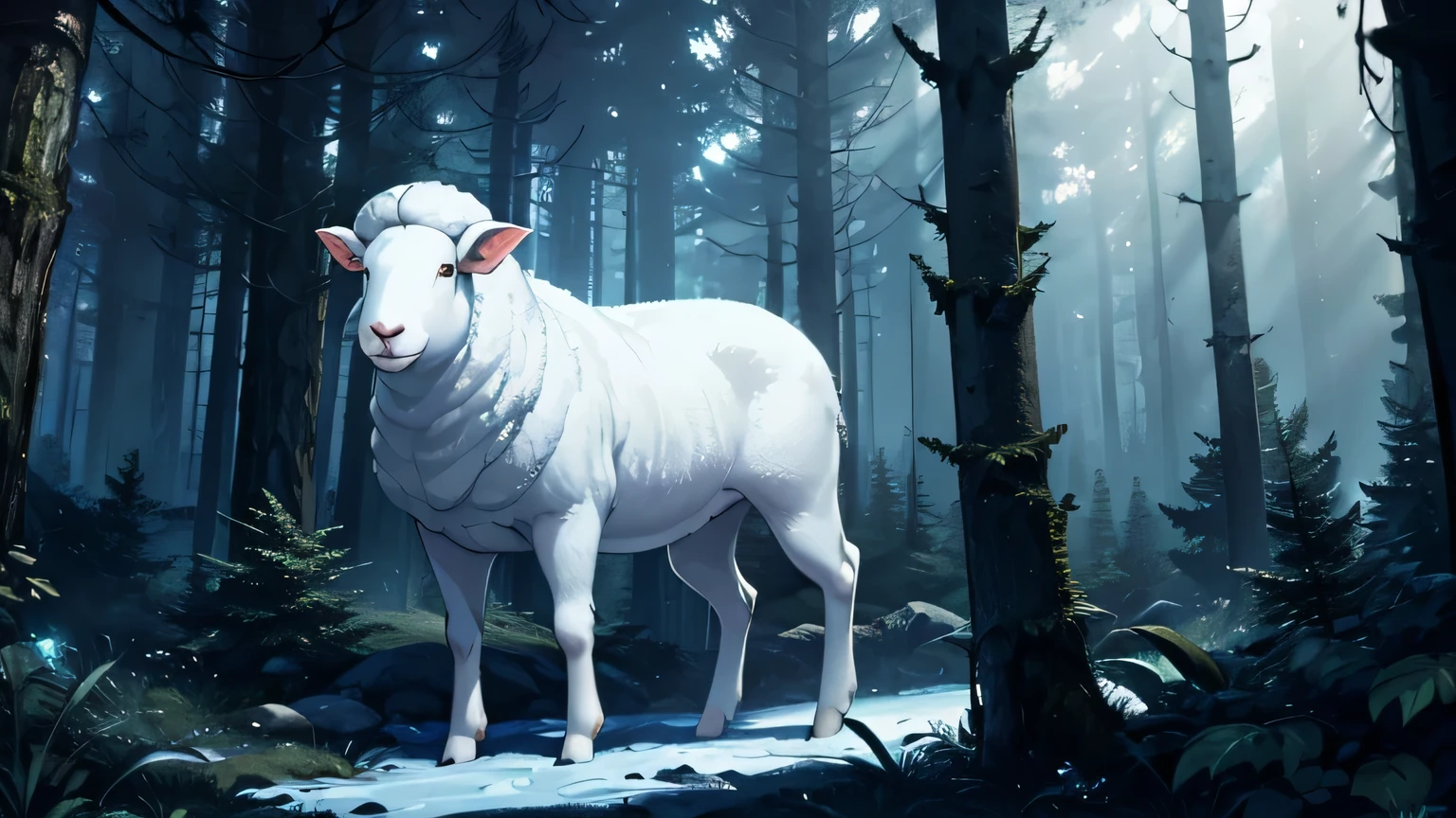 WHITE SHEEP In a dark and mysterious DENSE forest at night, changing lighting, hyper-realistic, cinematic lighting, lost in the forest