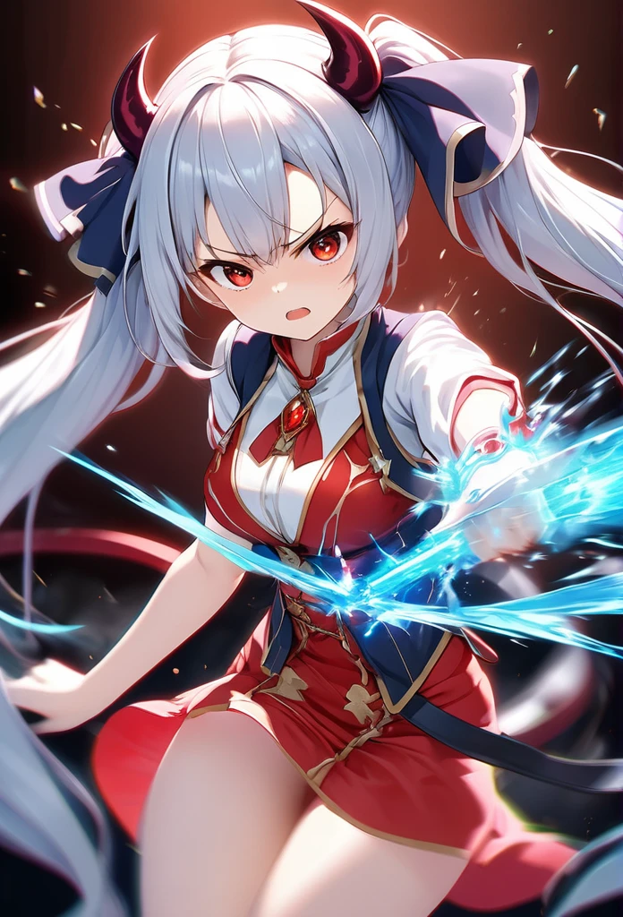 Twin tails female mage, 1 attractive, Expressive long hair, Twin tails, 
break: A rapidly approaching audience, Charge while performing a magic attack, Quick battle preparation, 
break Sexy Magic Clothes, Only the clothes are red and white, Luxurious silk texture, Top quality decoration, Detailed and attractive skin, 
break Express explosive acceleration with motion blur, 
break Aesthetic twin tails hair fluttering backwards during rapid acceleration, Adult sex appeal, 
break Professional spray work, Fine and exquisite texture, Detailed and precise brushwork, Detailed and vivid depiction, Anatomically correct, Absurd aesthetics, 
break Unleash the magic of transparent full color in your hands, Holographically coated attack magic, 
break (Approach with a forward leaning posture, Rapid approach), Glaring at me, Visible red eyes, 
Dynamic Shot, (Eye-level shot), Ankles inside the frame, 
break Attractive Twin tails hair, Sudden Magic Attack, Only the hair is a gradation of white and navy blue, Great aesthetics, 
break Highest quality, Highest Resolution, Octane Rendering, superretinal vision, hololive,(Ayame Hyakki),Hololive,(Ayame Hyakki),Demon mask on head,