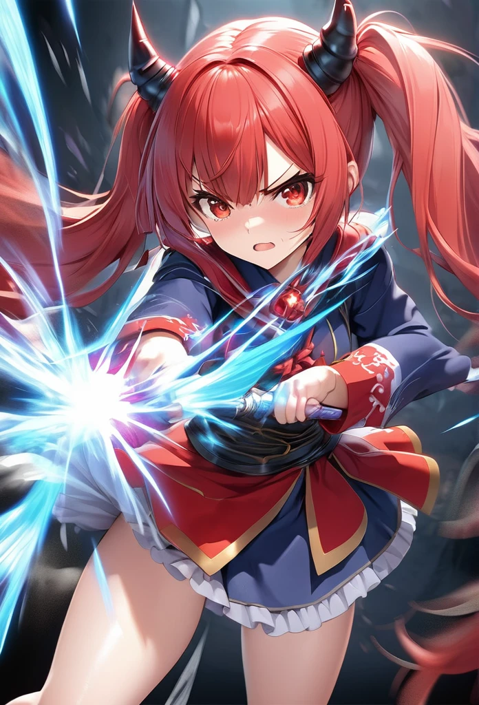 Twin tails female mage, 1 attractive, Expressive long hair, Twin tails,
break: A rapidly approaching audience, Charge while performing a magic attack, Quick battle preparation,
break Sexy Magic Clothes, Only the clothes are red and white, Luxurious silk texture, Top quality decoration, Detailed and attractive skin,
break Express explosive acceleration with motion blur,
break Aesthetic twin tails hair fluttering backwards during rapid acceleration, Adult sex appeal,
break Professional spray work, Fine and exquisite texture, Detailed and precise brushwork, Detailed and vivid depiction, Anatomically correct, Absurd aesthetics,
break Unleash the magic of transparent full color in your hands, Holographically coated attack magic,
break (Approach with a forward leaning posture, Rapid approach), Glaring at me, Visible red eyes,
Dynamic Shot, (Eye-level shot), Ankles inside the frame,
break Attractive Twin tails hair, Sudden Magic Attack, Only the hair is a gradation of white and navy blue, Great aesthetics,
break Highest quality, Highest Resolution, Octane Rendering, superretinal vision, hololive,(Ayame Hyakki),Hololive,(Ayame Hyakki),Demon mask on head,