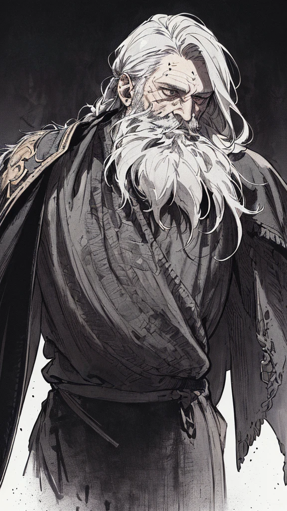 Best_quality, (background_detail), high_contrast, detailed_original_illustration, warrior, gray_hair, muscular, villain_face, armored, full_body, holding_sword, medieval, earring_deep_wrinkle_brow_eyes, middle_aged_man, dark_stitching_cape, (dramatic_lighting:1.25), (shaded Background:1.2), (sloppy_gray_hair:1.2), (long_well-groomed_hair_beard:1.3) large figure, delicate face, , wicked smile, sharp eyes, black background, (black background:1. 5) beautiful line drawing, black and white

Translated with DeepL.com (free version)