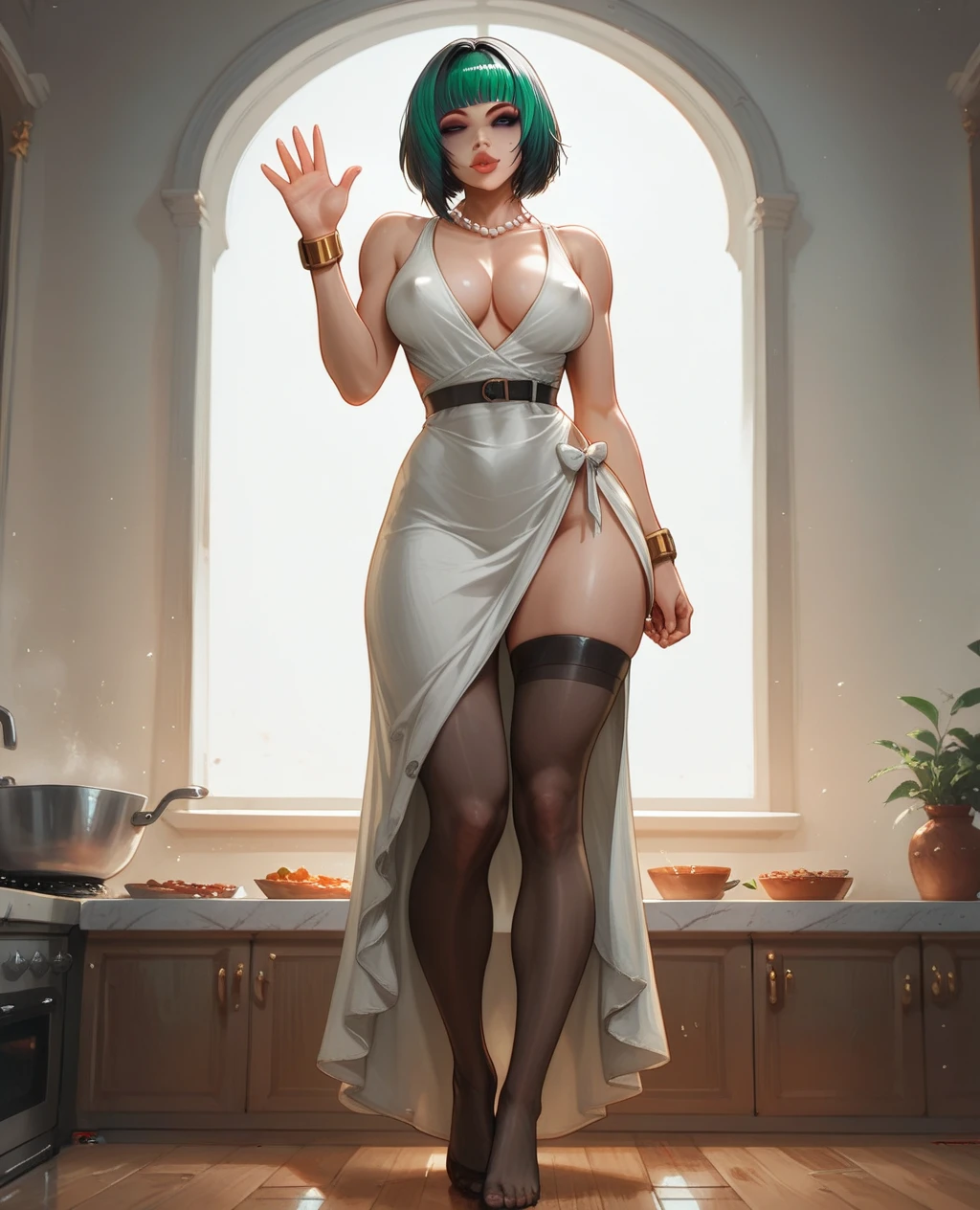 low angle, score_9. score_8_up, score_7_up, score_6_up, score_5_up, score_4_up, Ela, ela elite \(Rainbow Six Siege\),ela, ela \(Rainbow Six Siege\, 1girl, milf, solo, pawg, leaning on a kitchen counter, wearing a white dress with blue details, cleavage, one hand is waving, looking at the viewer, one hand is holding the counter, long hair, big lips, kissing the air, lipstick, eye makeup, fit body, tight clothes, black stockings, full body view, one eye blinking, hearts, pearl necklace, single gold wristband, kitchen background, Italian kitchen, great lighting, sun shining through the window, medium , curvy ass, covered nipples, thick thighs, green eyes, concept art, realistic,Expressiveh,csr style,easynegative

