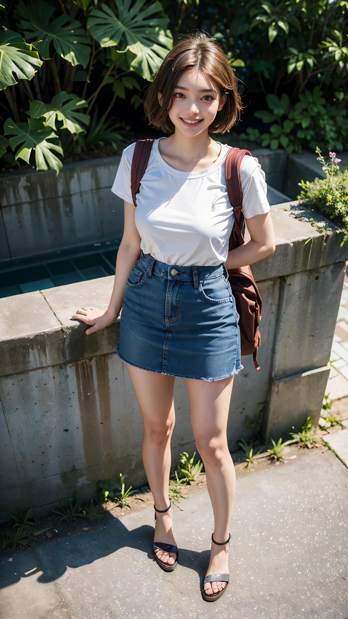 Highest quality, masterpiece, Ultra-high resolution,8K, (Realistic:1.6), (Full body front portrait) RAW Photos, 1 Girl,(Full of smiles, Showing teeth)), 22 years old,((Standing with good posture)),((Jeans skirt and backpack)),((Short Hair)),((Looking up at the audience)),Face Focus:1.2(From above:1.4))