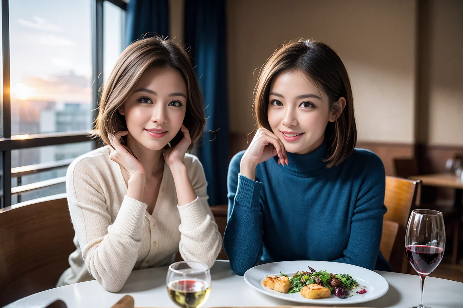 ((Highest quality、8K、masterpiece:1.3))、slimカップル、modelカップル、(Realistic, Intricate details:1.2), full-course dinner、Wine Party、Amazing view of the sunset sky and clouds、A bright smile、The wonderfulness of smile、Bright image、The beauty of wine, Beautiful Face, blue eyes, The light shines on your face, Blushing, short hair,Bright Face、 (Age 37), 39 years old, red wine 、Appetizers、Italian food、Wine bottle、Champagne、sparkling wine、Two beauties、Brown Hair、Shortcuts、Long sleeve shirt、dress、Beautiful woman 1, (slimな顔), (The body is slim), (Brown Hair), (Shortcuts), cheeks turn a little red,Attractive beauty、restaurant, In a prominent place (From the waist up) Nova Frog Style, actress, model, Upper Body, White wine, slim, wine glass, 中央に置かれたwine glass, smile, (smile: 1.15), Beautiful fine grain, Depth f/2,saturation, High Contrast, Strong light and shadow,Moist Body:1.5、3D texture、Delicate eyes、Brown Hair、The hair is very shiny、