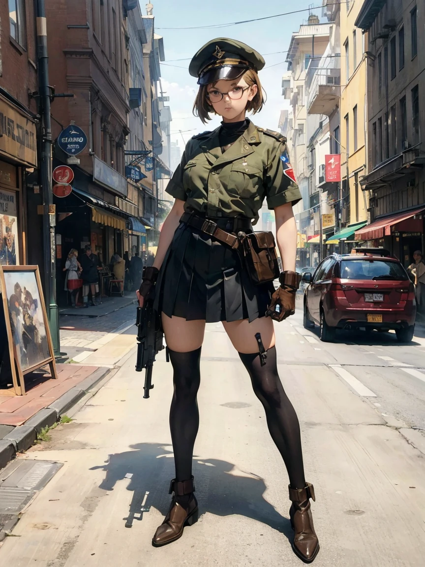 Full body portrait of beautiful and slender Salina Gomez, (((yoji shinkawa))) High quality cell shadow illustration in post-apocalyptic style, photorealistic, 8k、Realistic Skin Texture、Superrealism、Automatic rifle、Dodgers cap masterpiece, best quality, highres
solo, 1girl, cowboy shot, :o
p38 \(girls' frontline\), p38original, brown hair, purple eyes, (garrison cap:1.2), military uniform, short sleeves, pleated skirt, belt pouch, iron cross medal, thighhighs, holding gun, handgun, walther art by (Carl Larsson:1.2),(post-Impressionist),,((oil painting)),soft lighting,COOL,cammy sf6, 1girl,solo,blonde hair, short hair,Absurd resolution, A high resolution, (tmasterpiece:1.4), ((gigantic braests)), ultra - detailed, 1girll, brown color eyes, cabelos preto e longos,Wear a police uniform and a short skirt, the city street,sexyposture, The camera is close to the bodyWide angle, a pretty girl messenger, wearing large glasses, undercut hair, wearing postal uniform, in a post-apocalyptic world
