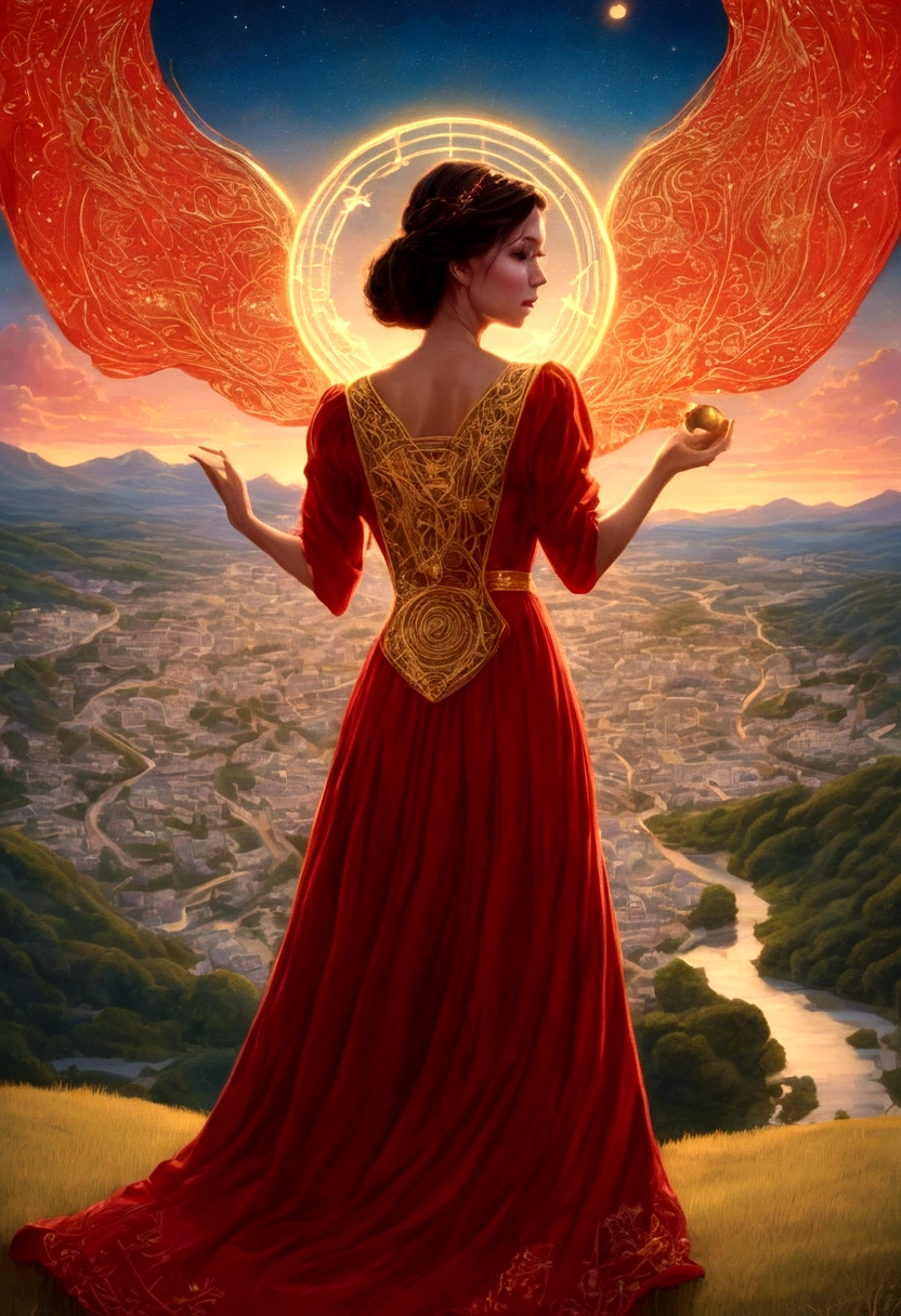 A woman in a love themed red dress with loads of intricate gold love embroidery, carrying a tome, on a hill top, two astrological sign light up brightly in the skies with the connective lines