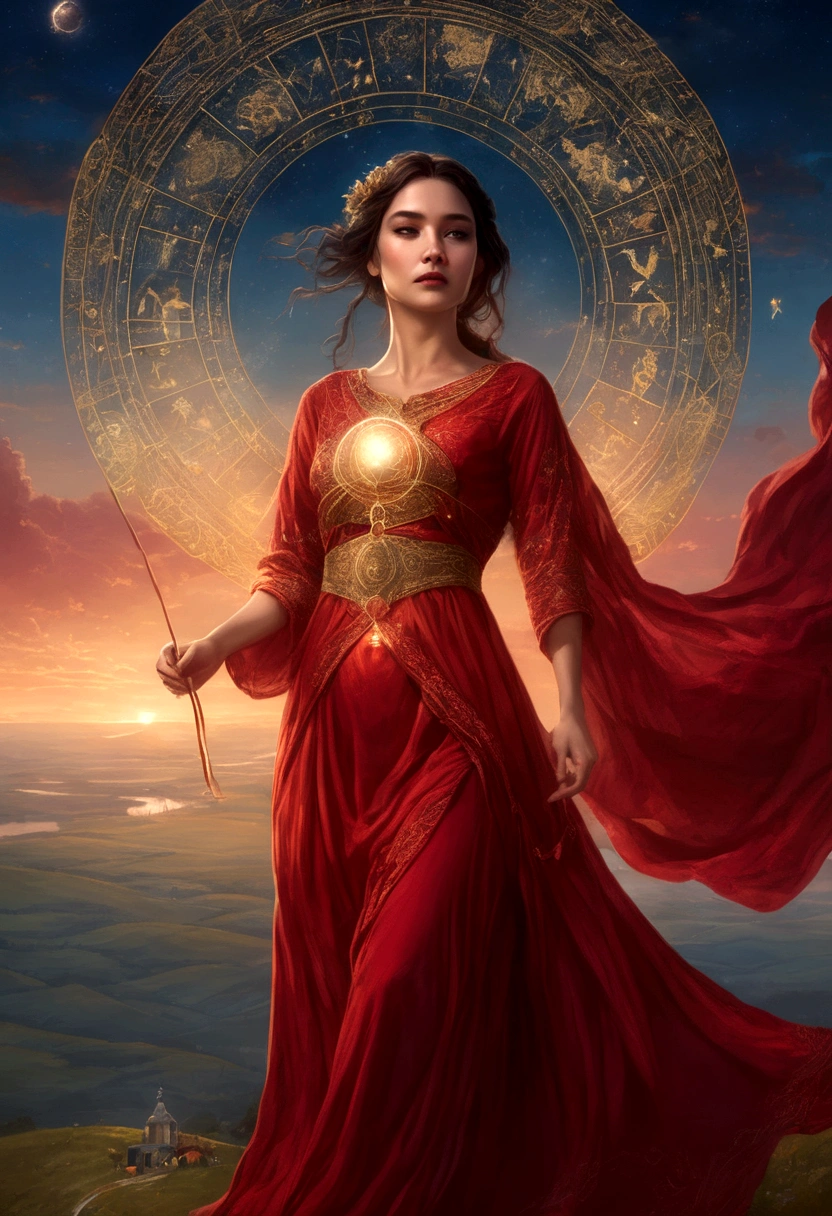 A woman in a love themed red dress with loads of intricate gold love embroidery, carrying a tome, on a hill top, two astrological sign light up brightly in the skies with the connective lines