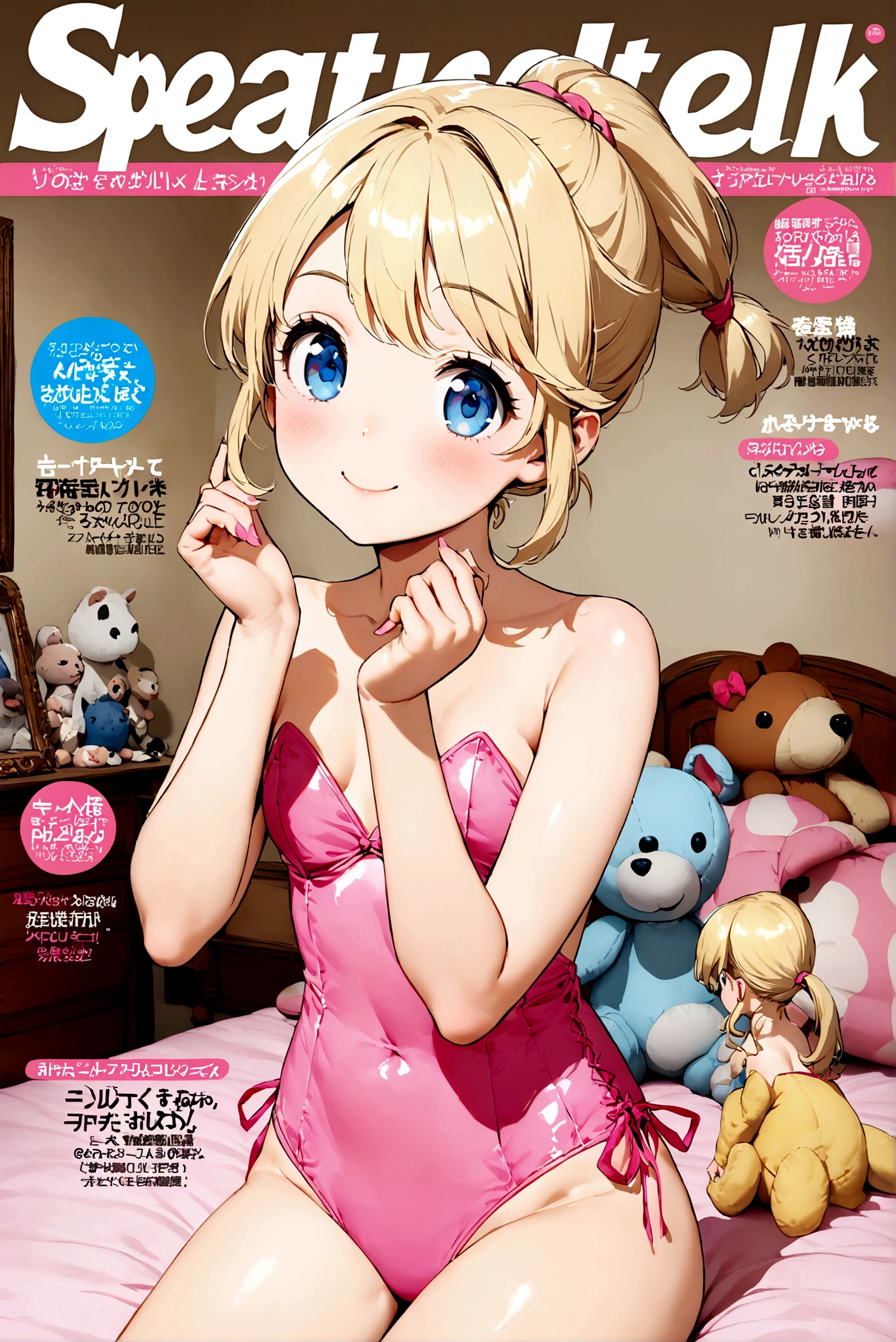 Beautiful, young white girl, long blonde hair tied in a ponytail, natural blue eyes, brightly smiling, wearing pink bikini, in a  girl’s bedroom with a lot of stuffed animals, posing in the style of a Playboy magazine cover, picture emphasizes her youth and beauty