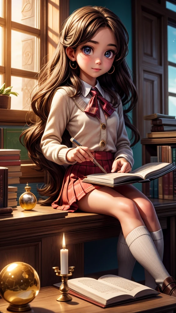 a young girl performing astrology in a classroom, 1girl, beautiful detailed eyes, beautiful detailed lips, extremely detailed face, long eyelashes, serious expression, long brown hair, school uniform, sitting at desk, crystal ball, astrological charts, candles, incense, bookshelf, window, natural lighting, cinematic lighting, elegant, ethereal, fantasy, highly detailed, 8K, photorealistic, masterpiece