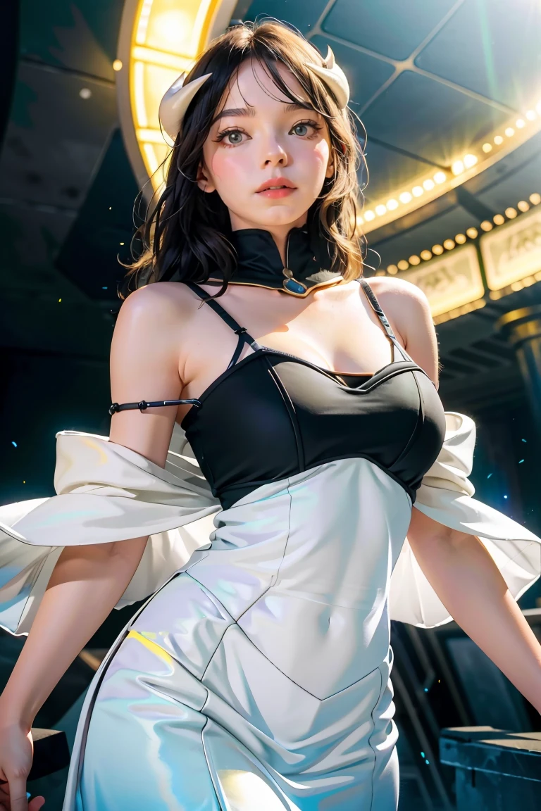 Masterpiece, Best quality, Ultra-detailed, illustration, epic lighting, Cinematic composition, isometry,(hexagons:1.2), 1girll, Horns, Solo, Yellow eyes, Black hair, Long hair, (Low wing:1.2), Large cleavage, Bare shoulders, hair between eye, Medium breasts, (White dress:1.1), Golden decoration, Detached collar, view the viewer, Semi-closed Eyes, (view the viewer:1.1), parted lip, Blush, Black feathers fall, Arena, particle fx, (8K:1.1)