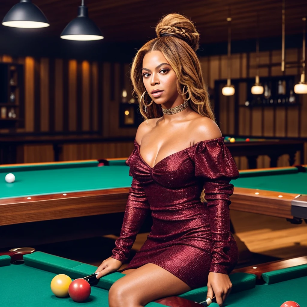 beyonce, wearing CadetBlue mini sparkling wine red with stones dress with long sleeves and an off-the-shoulder collar, poses sitting on a billiards table