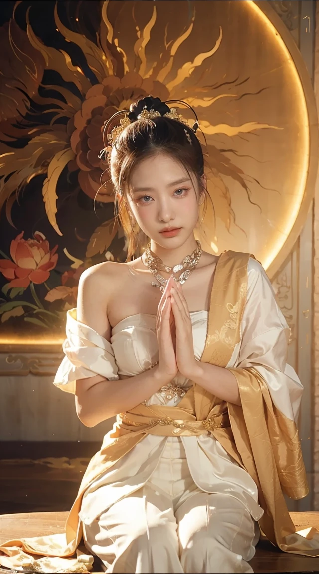 （Chinese immortals）, （Buddhism）, Multip_Handythological stories）, （bodhisattva）, She sits on a lotus, （Three hands on the left，Three hands on the right, Each hand holds a different Buddhist vessel, left right symmetry），（Delicate and beautiful face）, （White silk robe）sitting on a lotus flower, Frontal photo，Light smile, neo-classical, OP Art, Chiaroscuro, Cinematic lighting, god light, Ray tracing, character sheets, projected inset, first person perspective, hyper HD, Masterpiece, ccurate, Textured skin, Super detail, High details, High quality, Award-Awarded, Best quality, A high resolution, 8K