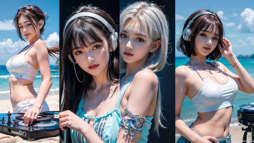(ultra - detailed, 16K resolution, Cinema lenses, rendering by octane), (high resolution:1.18), intricate detail, (masterpiece:1.1), (highest quality:1.1), (1girl, portrait, white hair, blue eyes, short hair, detailed eyes),Wearing silver DJ headphones, Shiny silver sequined T-shirt, (in the beach:1.5), (Iconic hip-hop pop costumes:1.3), Smile while DJing on stage, DJ studio next to the beach, ((A stylish DJ stage on a hill overlooking the beach)), full body shot, Photorealistic photography by Sunshine, (cute round face:1.3), perfect fingers, five fingers, beautiful hands, perfect hands. master peace, cute smile.