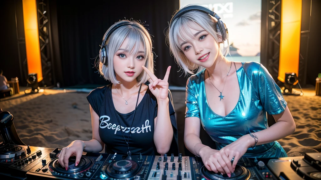 (ultra - detailed, 16K resolution, Cinema lenses, rendering by octane), (high resolution:1.18), intricate detail, (masterpiece:1.1), (highest quality:1.1), (1girl, portrait, white hair, blue eyes, short hair, detailed eyes),Wearing silver DJ headphones, Shiny silver sequined T-shirt, (in the beach:1.5), (Iconic hip-hop pop costumes:1.3), Smile while DJing on stage, DJ studio next to the beach, ((A stylish DJ stage on a hill overlooking the beach)), full body shot, Photorealistic photography by Sunshine, (cute round face:1.3), perfect fingers, five fingers, beautiful hands, perfect hands. master peace, cute smile.