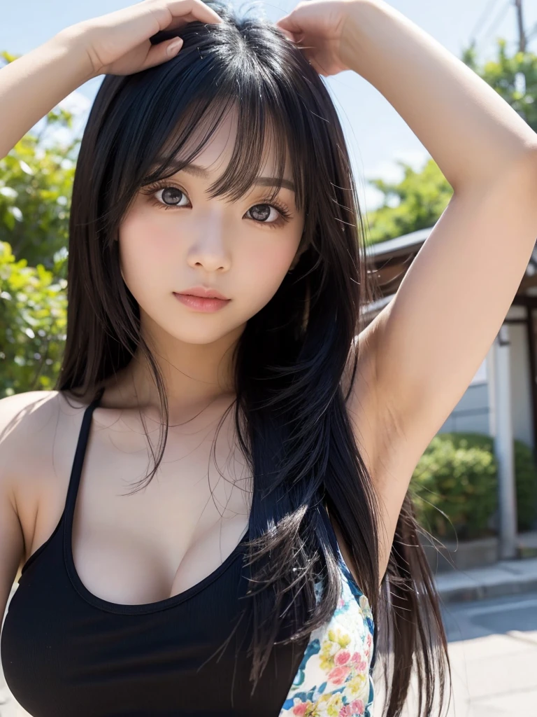 Japanese beauty、Long Black Hair、Big eyes、cute、Beauty、Tank top、Daytime Town、Hot