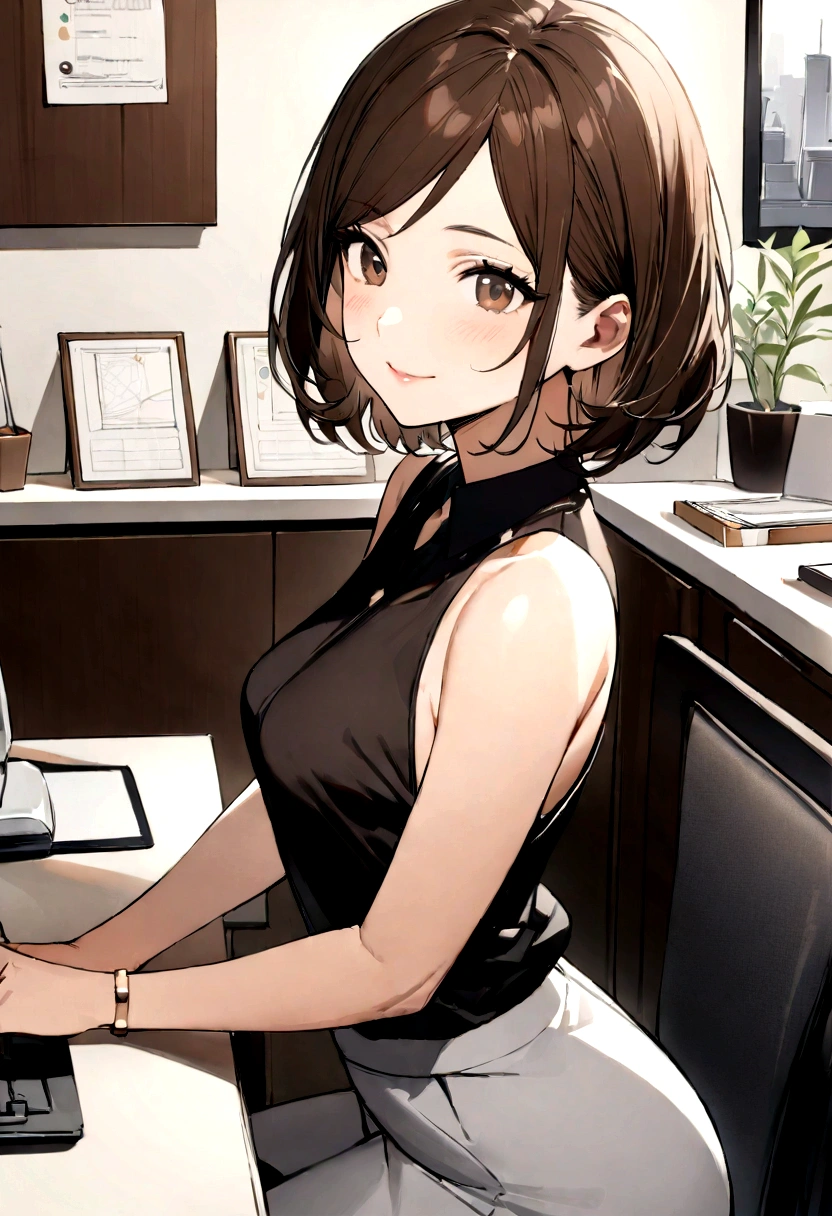 1 sitting woman, office worker, (Office Casual) Stylish clothing, No sleeve, Mature Woman, /(Dark brown hair/) Swept-apart bangs, A kind smile, (Masterpiece Top quality:1.2) Delicate illustrations,Small breasts、Small breasts