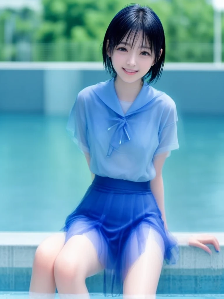 8k, Japanese, middle school girl, solo, age 14 Sailor Mercury, A wet and transparent under cosplay, wet skirt, Wet blue short hair, Wet arms,Wet legs,Wet Face, pose, Highest quality, wet poolside, smile, nsfw
