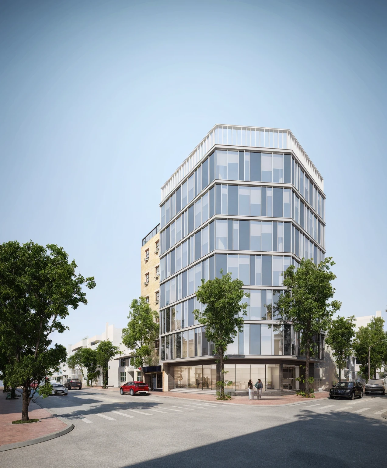 RAW photo, Exterior of white modern house, glass building, road, ((sidewalk)), ((sidewalk trees)), residences area, day time, tropical trees and plants, (high detailed:1.2), 8k uhd, dslr, soft lighting, high quality, film grain, Fujifilm XT3)