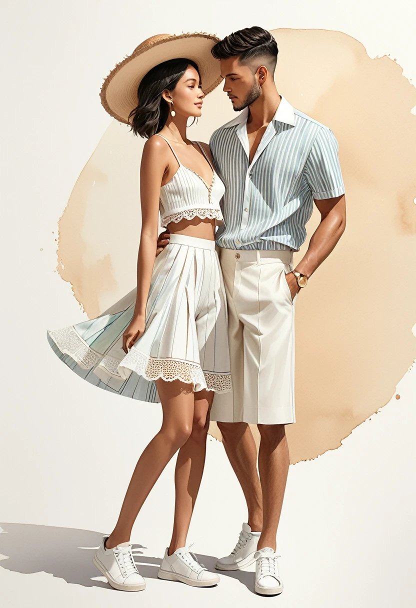 candid fashion illustration of young Mixed race man and woman, both aged 25 year old, ((showcase fashion look book in mixed pale Earth-tone outfits)), inspired by Jacquemus's resort collection 2022, in elegant young chic nautica style. The man wears an oversized short-sleeved stripe shirt lace details, paired with relaxed-fit white Wide Leg short pants, comfortable and a classic silhouette. He completes his look with white sneakers and round glasses. The woman complements him in a white mini sun-dress, in cotton woven fabric frill-trimmed neckline with minimal lace detail, Her ensemble includes an accessorizes with a brimmed straw hat, white sneakers, Captured in a dynamic angle, ((full-body image)), ((imperfect pale water color background)), sketching, realistic drawing, imperfect water color drawing, fashion look book, fashion illustrator, sketch design, Chic, water color palette,