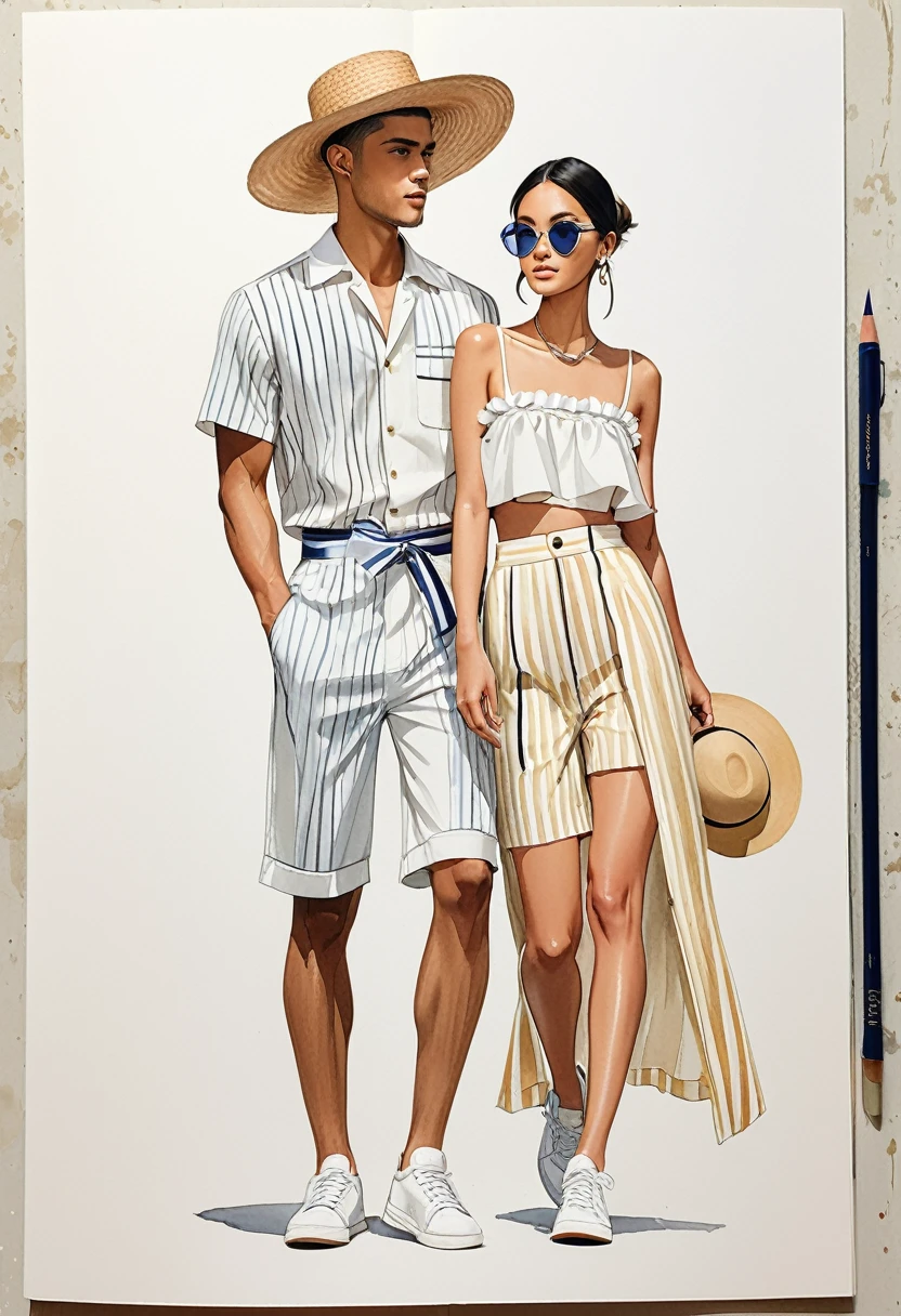 candid fashion illustration of young Mixed race man and woman, both aged 25 year old, ((showcase fashion look book in mixed pale Earth-tone outfits)), inspired by Jacquemus's resort collection 2022, in elegant young chic nautica style. The man wears an oversized short-sleeved stripe shirt lace details, paired with relaxed-fit white Wide Leg short pants, comfortable and a classic silhouette. He completes his look with white sneakers and round glasses. The woman complements him in a white mini sun-dress, in cotton woven fabric frill-trimmed neckline with minimal lace detail, Her ensemble includes an accessorizes with a brimmed straw hat, white sneakers, Captured in a dynamic angle, ((full-body image)), ((imperfect pale water color background)), sketching, realistic drawing, imperfect water color drawing, fashion look book, fashion illustrator, sketch design, Chic, water color palette,