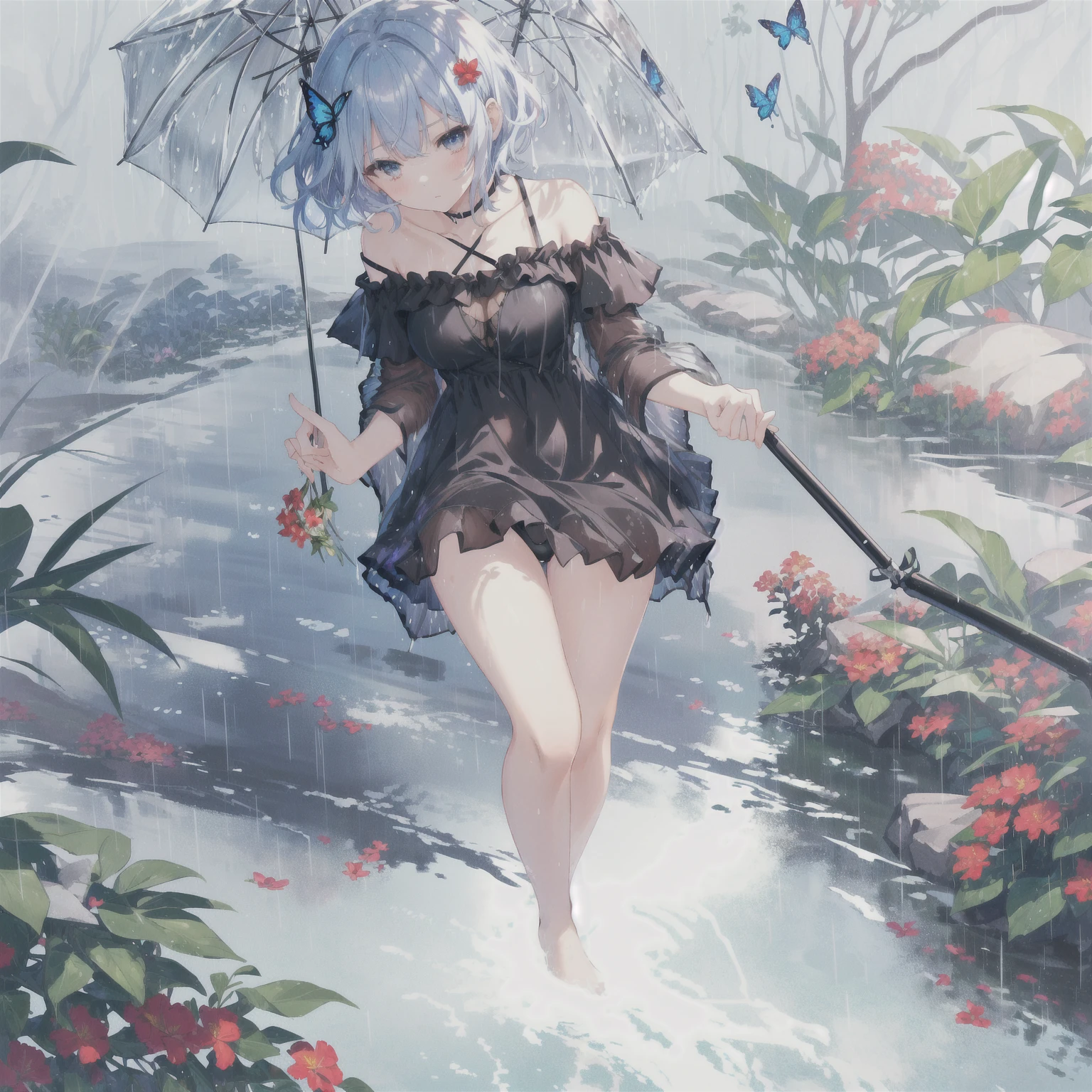 anime girl in a black dress, full body portrait of a short!, raining!, summer rain, raining!!, in the rain, anime girl walking on water, raining, rain!!!!, delicate rain, official fanart, zerochan art, under rain, made with anime painter studio, raining!!!,  in dress, short dress, butterfly hair ornament, bikini under clothes, blue bikini, side-tie bikini, holding umbrella, serious looking at viewer, looking down, short hair, medium breasts, soaking feet, off shoulder, plants, red flower, nature ambient, day light, from bellow