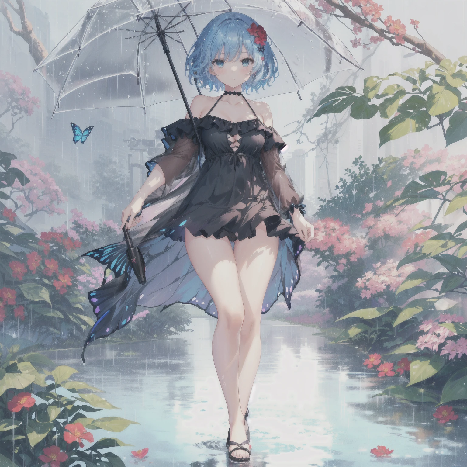 anime girl in a black dress, full body portrait of a short!, raining!, summer rain, raining!!, in the rain, anime girl walking on water, raining, rain!!!!, delicate rain, official fanart, zerochan art, under rain, made with anime painter studio, raining!!!, in dress, short dress, butterfly hair ornament, bikini under clothes, blue bikini, side-tie bikini, holding umbrella, serious looking at viewer, looking down, short hair, medium breasts, soaking feet, off shoulder, plants, red flower, nature ambient, day light, from bellow