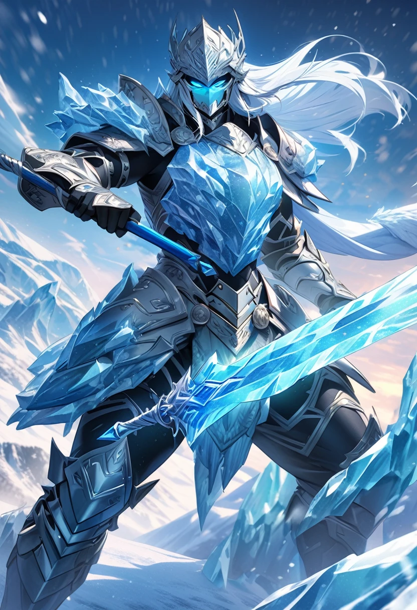 an extremely detailed 4k of a warrior clad in heavy scale armor made of ice with frost surrounding it & the northen lights behind the warrior, wielding a blue ice sword