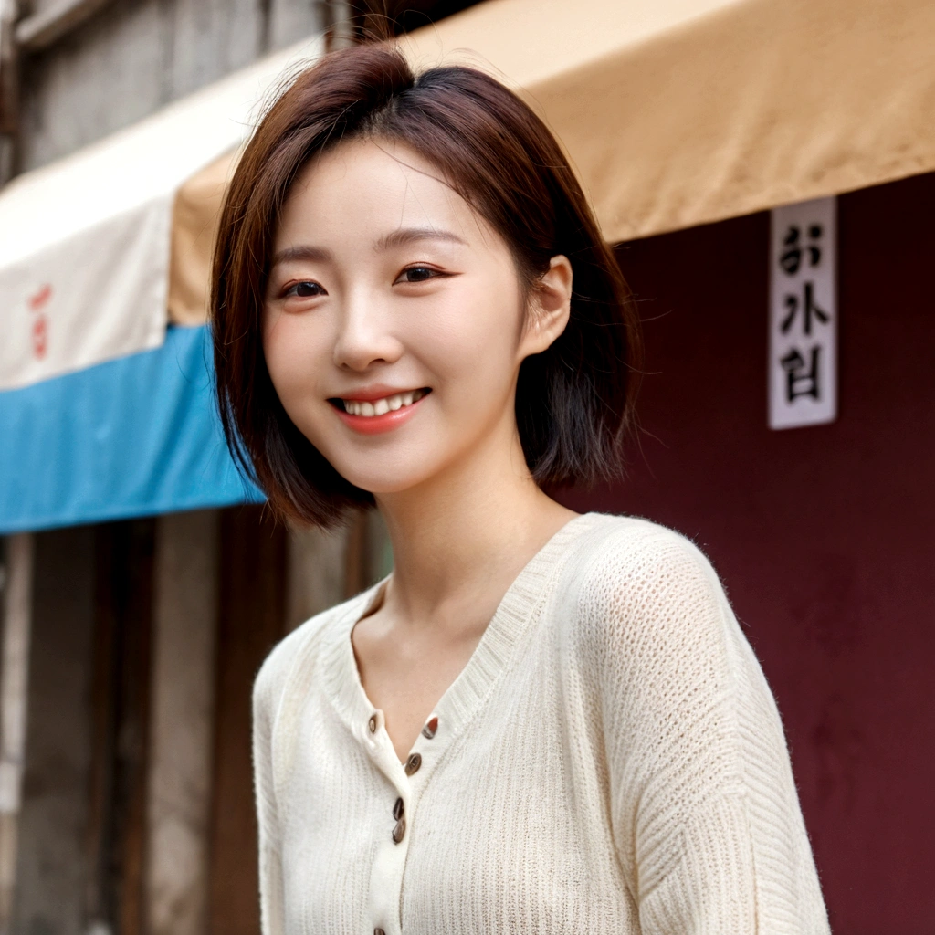 8K, 36-year-old female from South Korea, beautiful and pretty. short medium hair, A trip to an alley where Italian crowds come and go, Vivid picture quality, 18-135mm 렌즈가 장착된 Canon eos 90d DSLR 카메라를 사용하여 full body shot , Detailed skin texture , detailed face , smile. low exposure angle : high dynamic range (HDR) launch. full body shot. fine knit casual pants