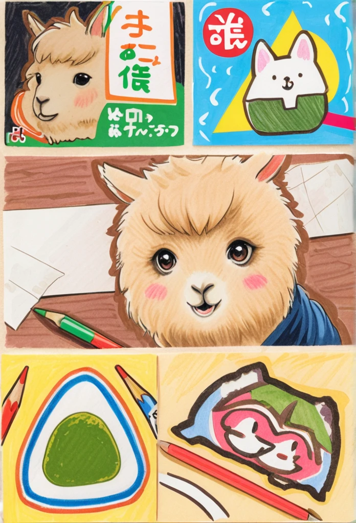 Alpaca Holding an Onigiri 、Art，ad，colour pencil drawing，draft drawing ，comic collage