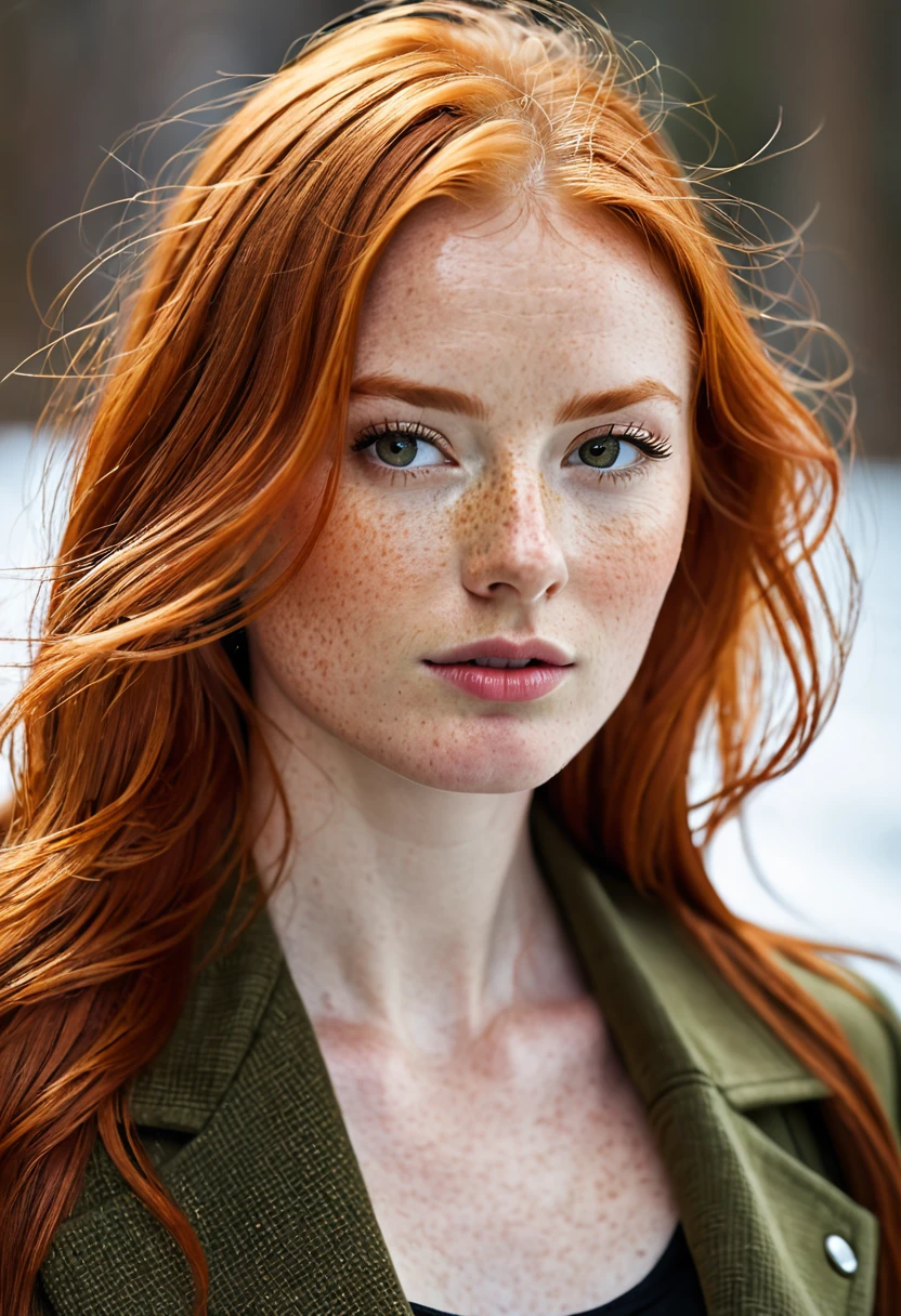 a close up of a woman with red hair and a brown jacket, red hair and attractive features, flowing ginger hair, ginger hair, ginger hair with freckles, copper hair, redhead woman, a redheaded young woman, red head, yelena belova, she has long redorange hair, long glowing red hair, redhead girl, anna nikonova aka newmilky