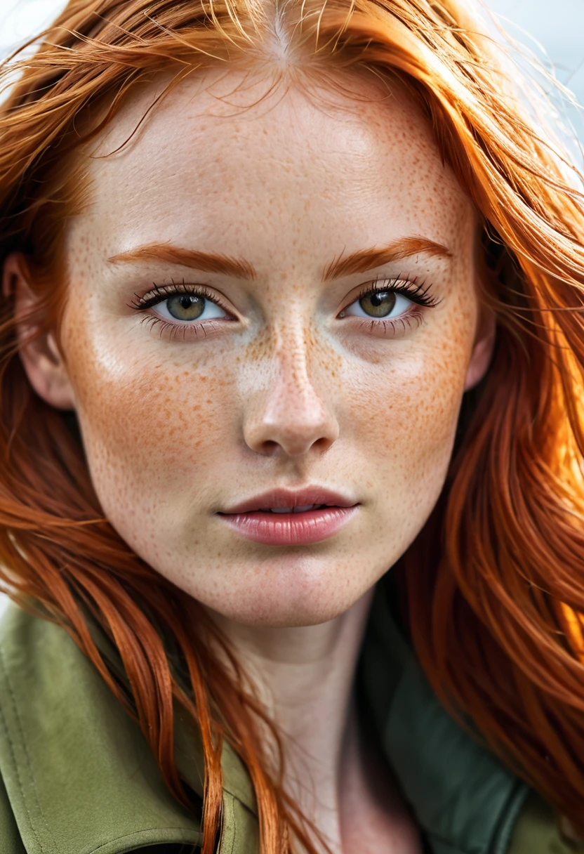 a close up of a woman with red hair and a brown jacket, red hair and attractive features, flowing ginger hair, ginger hair, ginger hair with freckles, copper hair, redhead woman, a redheaded young woman, red head, yelena belova, she has long redorange hair, long glowing red hair, redhead girl, anna nikonova aka newmilky