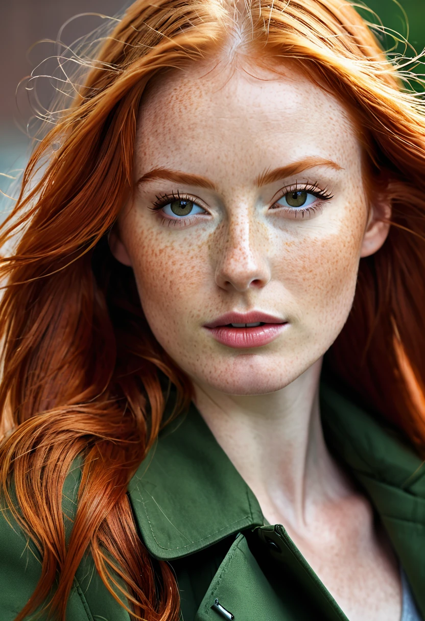 a close up of a woman with red hair and a brown jacket, red hair and attractive features, flowing ginger hair, ginger hair, ginger hair with freckles, copper hair, redhead woman, a redheaded young woman, red head, yelena belova, she has long redorange hair, long glowing red hair, redhead girl, anna nikonova aka newmilky