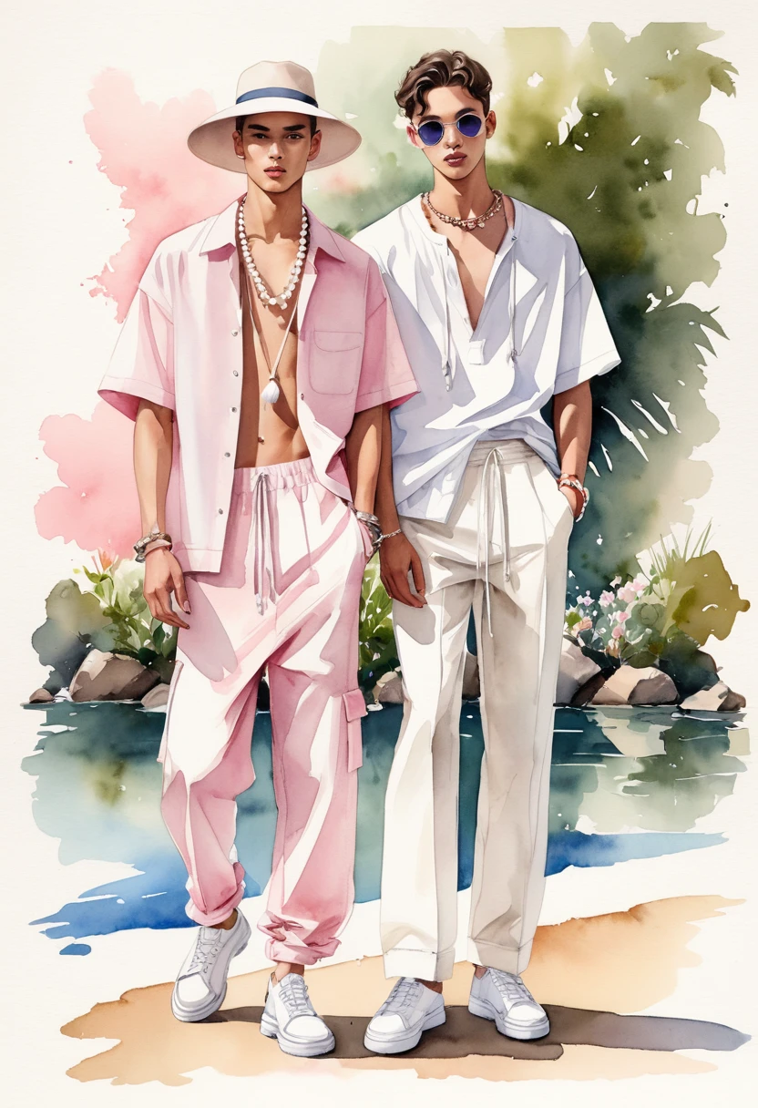 candid fashion illustration of two young mixed male supermodel, both aged 20 year old, ((showcase fashion look book in a White and pink outfits)), inspired by rose flower, in elegant young and chic bohemian style. The man wears an oversized short-sleeved off-white stripe shirt with a minimal lace details, paired with relaxed-fit white Sports pants with Drawstring, He completes his look with white sneakers and round glasses. The 2man complements him in a white cotton woven outfit with lace details, He ensemble includes an accessorizes with a brimmed straw bag, pom-pom necklace and white sneakers. Captured in a low angle, ((full-body image)), ((imperfect water color background)), sketching, realistic drawing, ((imperfect water color drawing)), fashion look book, fashion illustrator, sketch design, Jacquemus, Chiangmai,