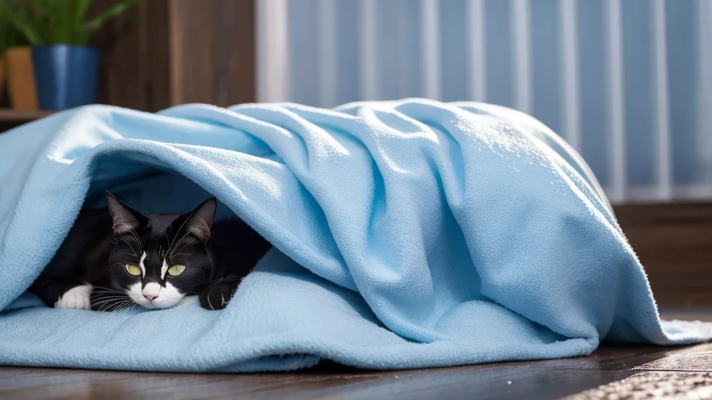 A sleepy cat covered with a light blue blanket　Moonlit Night　rain