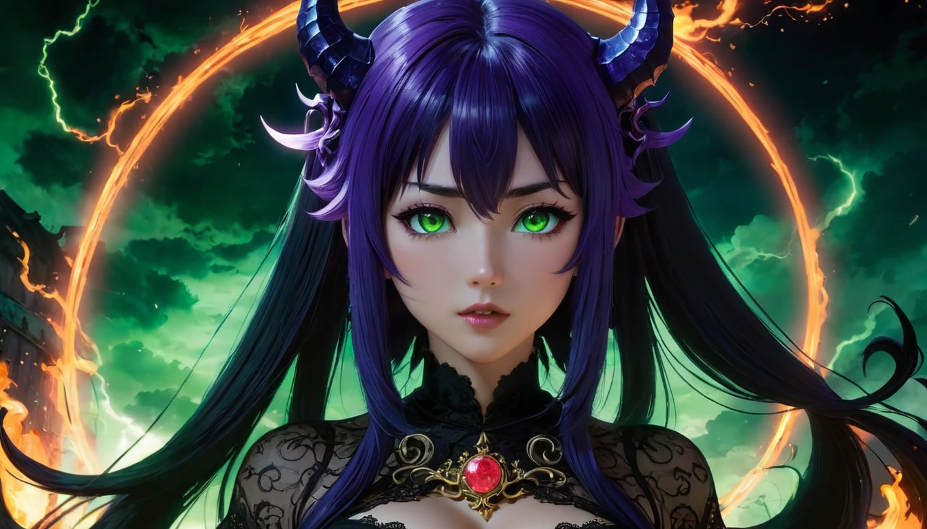 Dreamscape horror-themed (((Ultra-detailed, 8k, highres, masterpiece)))(((epic-Ultra-HD-details, epic-Ultra-HD-highlights, upscaled-resolution, optimal))),1woman,demonic features,succubus,(((extremely detailed face))),fire,lightning,swirling storm clouds in the background,IBG,full moon,hollowed skin,curvy,purple eyes,demon tail,demonic,full body,large breasts,long hair,purple hair,tail ornament,tongue,two-tone hair,claws,shodanSS_soul3142, 1girl, portrait, green theme, neon,,DonMV01dfm4g1c3XL,,(((text))),((color)),(shading),background,noise,dithering,gradient,detailed,out of frame,ugly,error,Illustration, watermark,(((gothic ink on paper))),H.P. Lovecraft,Arthur Rackham,(((text))),((color)),(shading),background,noise,dithering,gradient,detailed,out of frame,ugly,error,Illustration, watermark,(((clean ink anime illustration))),Studio Ghibli,Makoto Shinkai,Hayao Miyazaki,Audrey Kawasaki, eerie, unsettling, dark, spooky, suspenseful, grim, highly detailed . Surreal, ethereal, dreamy, mysterious, fantasy, highly detailed, an ancient china astrology:1.4