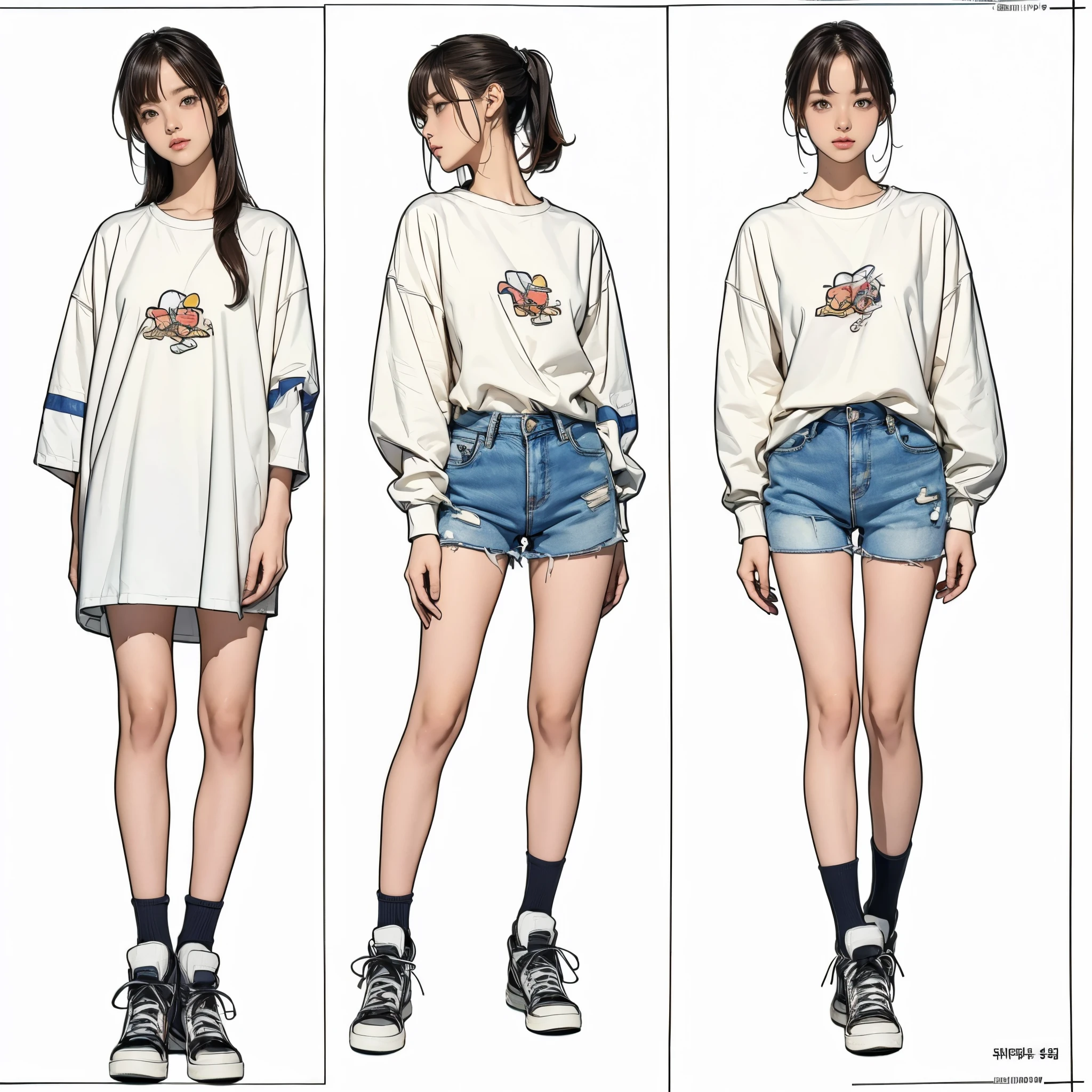 ((masterpiece,best quality;1.3,best illustration)),((character design sheet)) headphone, 1 woman,19 year old attractive beauty, Wearing the, seoul, Wearing short pants, long oversized shirt, converse sneakers,