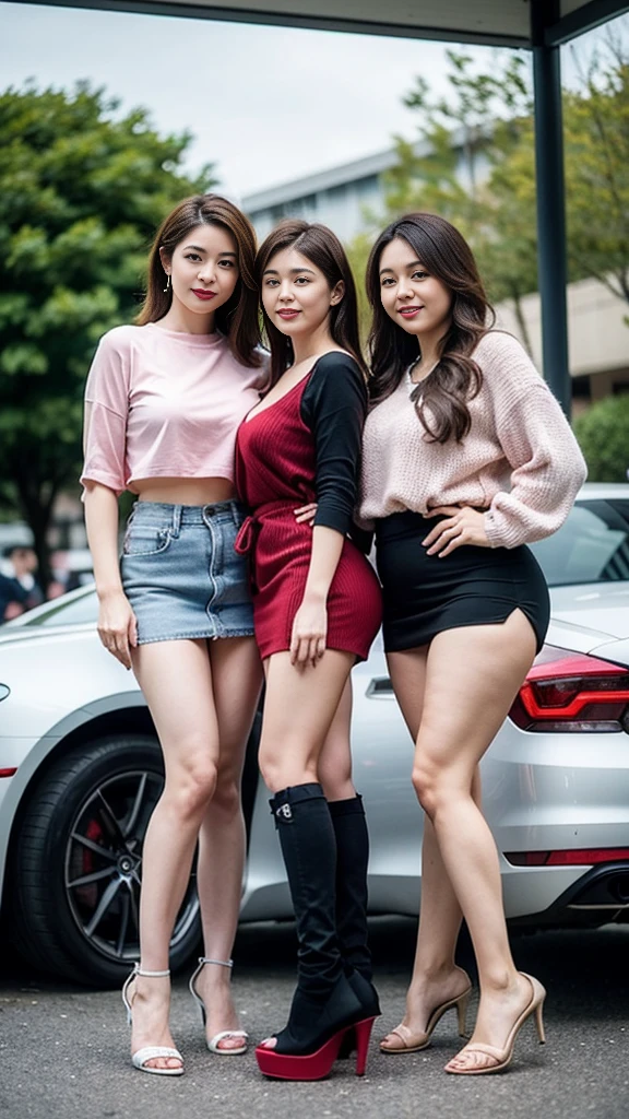 Four quadruplet sisters,Smiling fat woman ((best quality)), ((masterpiece)), (detailed), Perfect face, Wearing a green loose sweatshirt and short skirt, The other was wearing a red loose plaid shirt and jeans, Thin waist and thick hips, Soft curves, hyperPractical full figure, Wearing a cute top, Long legs,,thickness, Beautiful plump woman, Four female targets with beautiful curves,Clear curve details, Curvy hourglass figure, Charming plus size models, bbw酱, full image, Surface Model, Curvy body, (full-body shot)blush, 1girll fat , Golden Ratio,(White and tender skin:),High quality background, HD, Practical, HDR. pedestrian mall,Skin as white as paper,High heel,Supercar,Auto Show