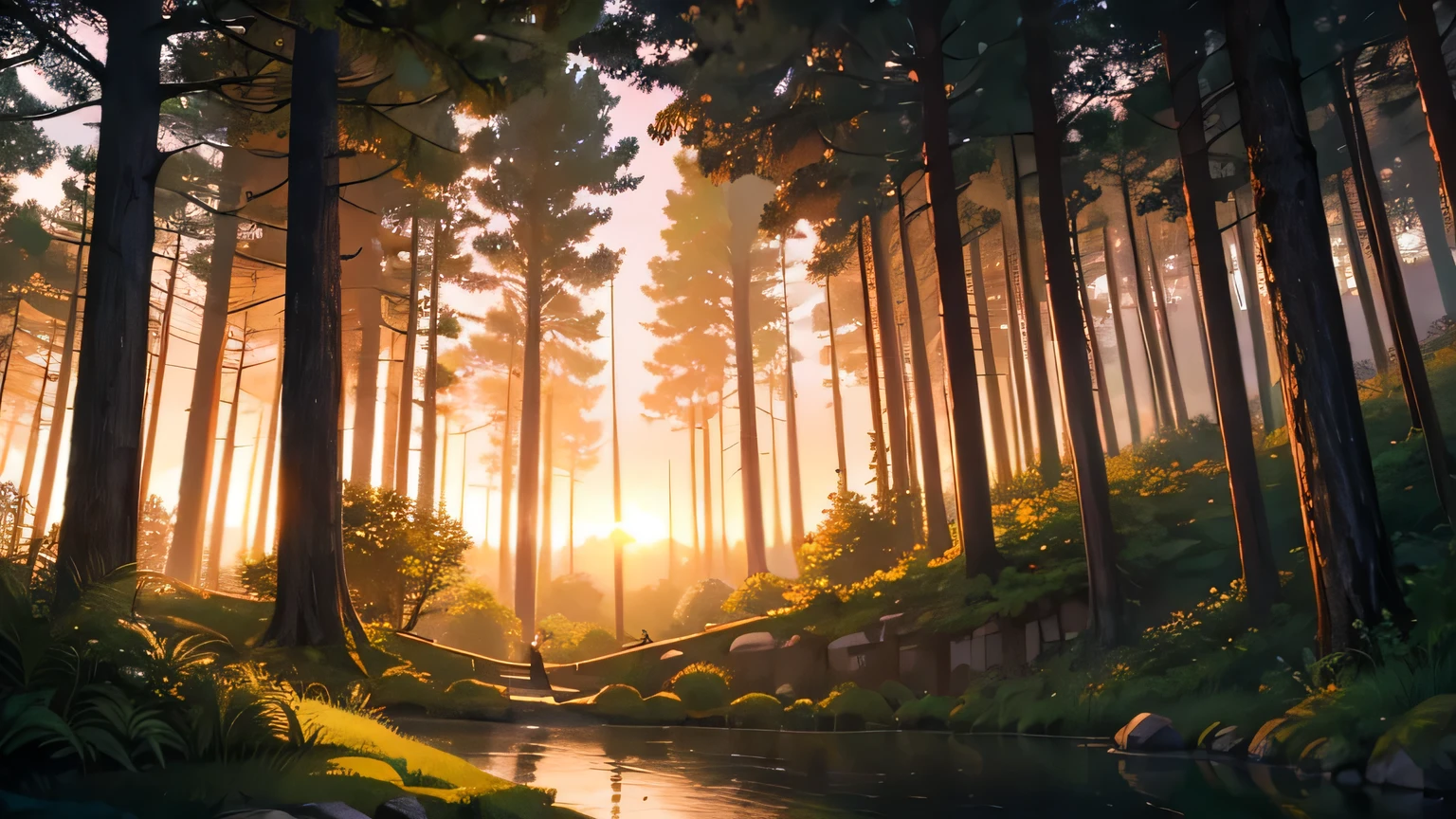 a huge cascade in a secret forest. a sunset in the background