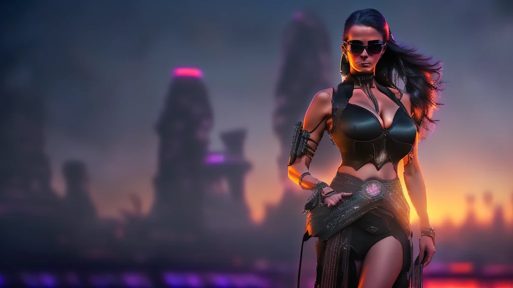 A futuristic dimly lit cyberpunk city with neon lights flashing in the background. (((((1 slim western woman, solo, large-breast:1.4 cleavage:1.3))))), AD2050 at night, (((wearing off neck tube top, miniskirt, black sunglasses, automatic rifle, standing and shooting pose))), (((((half-body (((thigh level))) medium:1.3 shot)))))