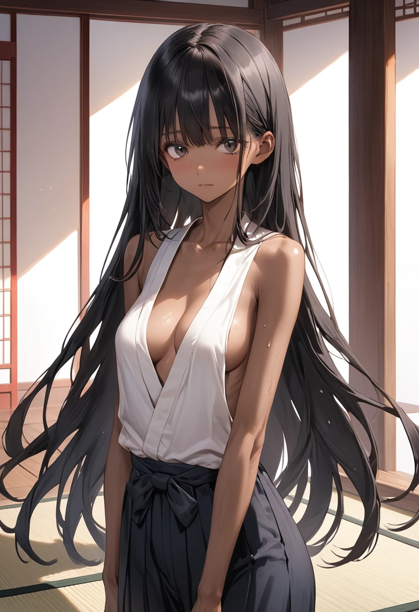 IoriCD1, 1girl, solo, long hair, solo, black hair, bow, japanese clothes, hair bow, miko, looking at viewer, cowboy shot, scar, ((((naked)))))brown eyes, closed mouth, hakama skirt, scar on face, bangs, wide sleeves, cowboy shot, long sleeves, ribbon, standing, looking back, from behind, ass focus,  hair ribbon, ponytail, white bow, scar on nose, half updo, outdoors, sky, clouds, day, buildings, pagoda, blue sky, bamboo, BREAK
masterpiece, best quality, highly detailed background, perfect lightingbest quality, ((shiny skin, glossy skin, detailed skin))