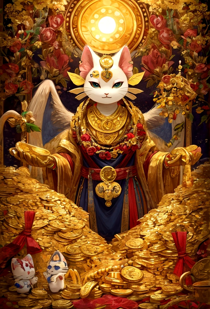 Create a wallpaper image that promotes financial luck and prosperity. The background features a radiant golden light, symbolizing wealth and abundance. Incorporate elements such as gold coins and gems, golden plants and trees, and symbols of prosperity like a dragon or koi fish. Add a touch of elegance with a golden wallet or safe, and include a lucky cat (maneki-neko) for good fortune. The overall atmosphere should be luxurious, hopeful, and filled with positive energy.