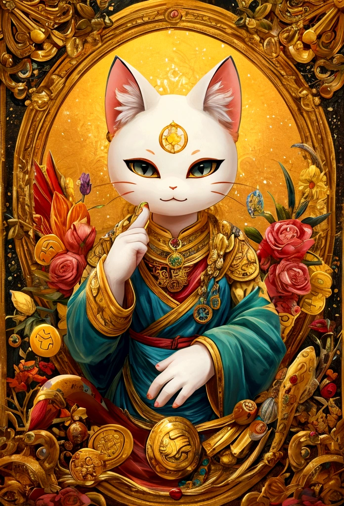 Create a wallpaper image that promotes financial luck and prosperity. The background features a radiant golden light, symbolizing wealth and abundance. Incorporate elements such as gold coins and gems, golden plants and trees, and symbols of prosperity like a dragon or koi fish. Add a touch of elegance with a golden wallet or safe, and include a lucky cat (maneki-neko) for good fortune. The overall atmosphere should be luxurious, hopeful, and filled with positive energy.