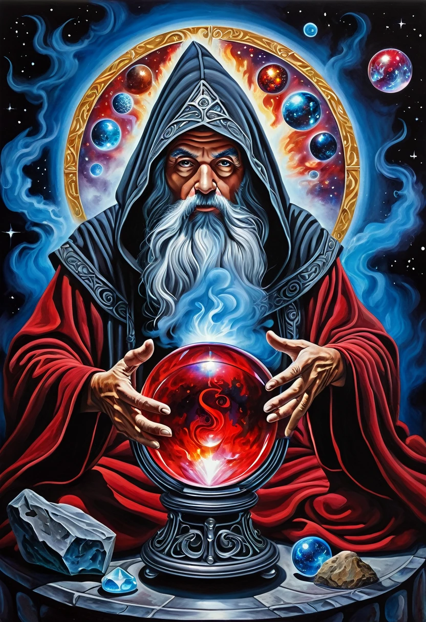 A magic crystal ball lets an ancient Astrologer human wizard watch a modern rock concert. smoke & magic, highly detailed, rich acrylic colors photo quality painting, cosmic astral time theme, dark foreboding, shadowed, scary, blood red, dark gray, electric blues, metal.