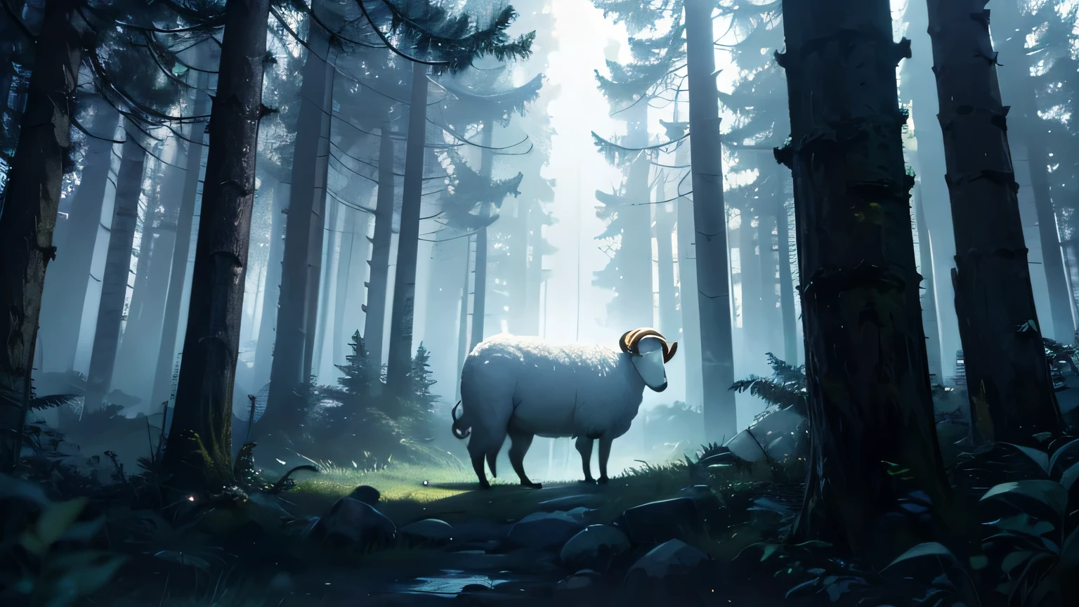 WHITE SHEEP In a dark and mysterious DENSE forest at night, changing lighting, hyper-realistic, cinematic lighting, lost in the forest