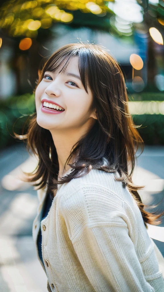 (Raw photo, highest quality), (K, highest quality, masterpiece: 1.2), Super detailed, super resolution, a beautiful girl, (huge Laughing:1.2), (open mouth:1.1), layered haircut, wavy hair, detailed description of hair,