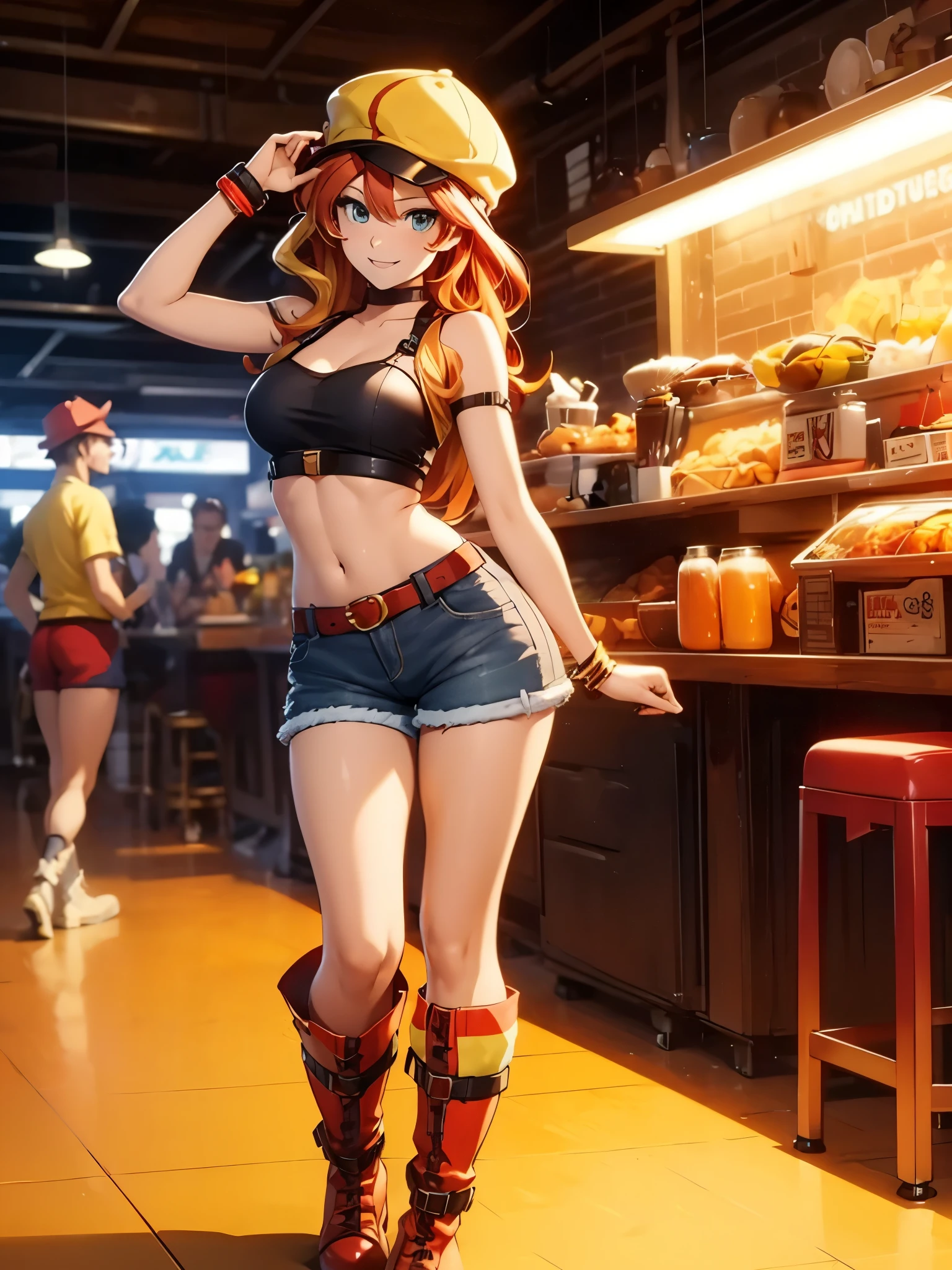 sunsethuman, female, two tones of hair, red and yellow hair, cabbie hat, tube-top, short shorts, go-go boots, smiling