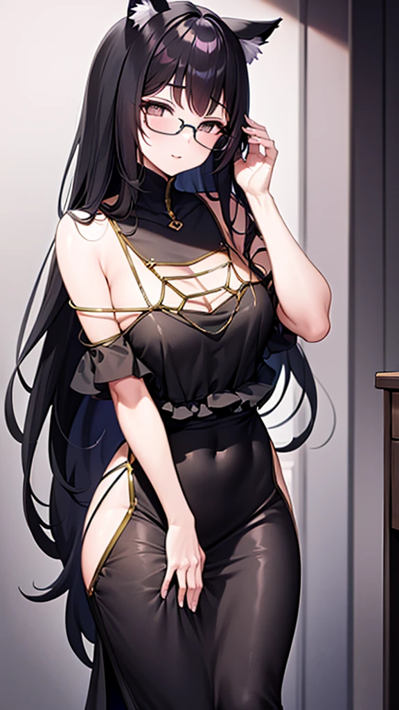 A 20-year-old cat girl with long black hair, gray eyes, bust, wears glasses, and a thigh-length black evening dress.