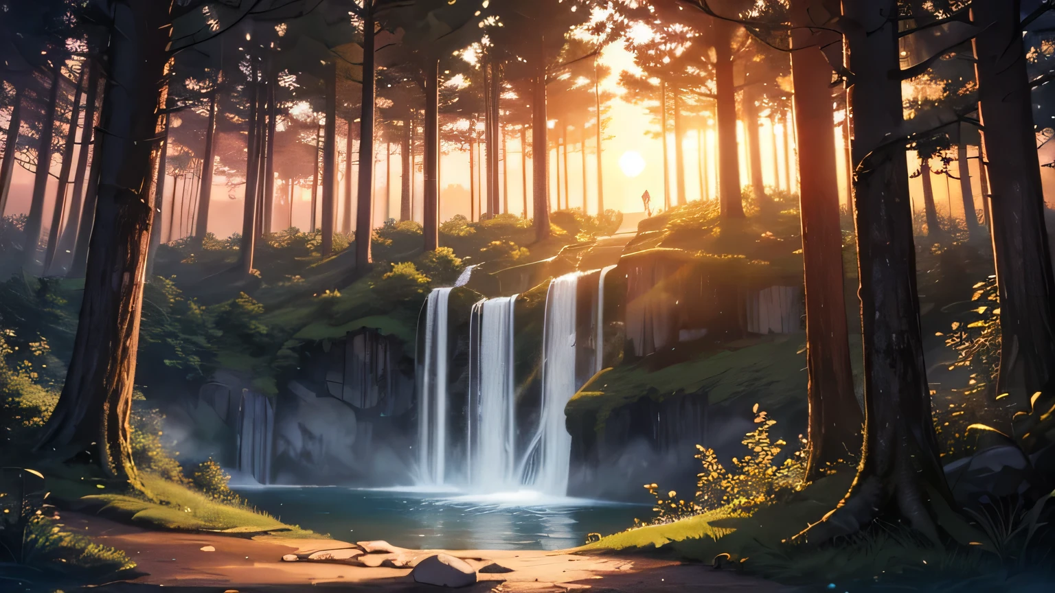 a huge cascade in a secret forest. a sunset in the background