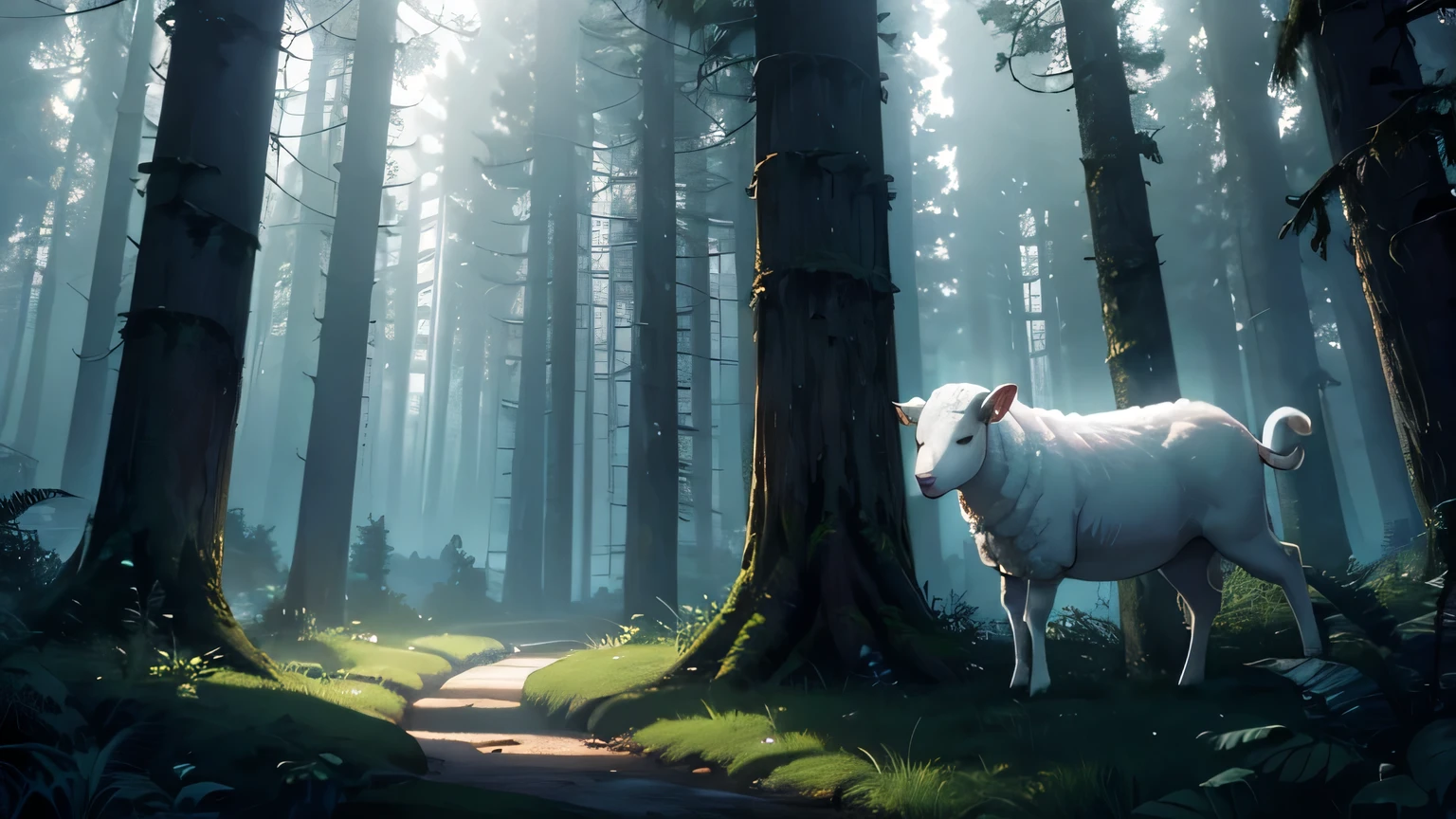 WHITE SHEEP In a dark and mysterious DENSE forest at night, changing lighting, hyper-realistic, cinematic lighting, lost in the forest