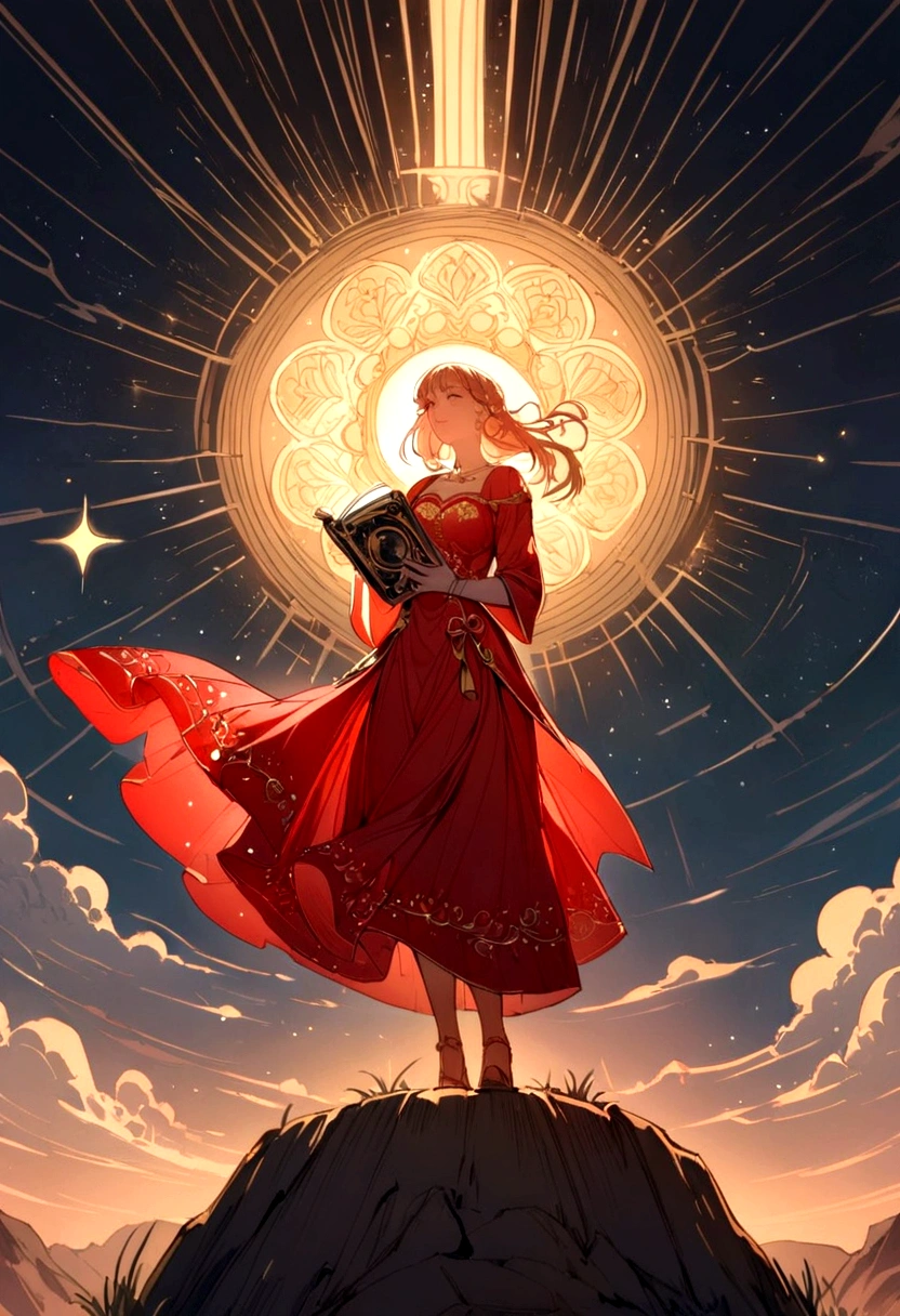 A woman in a love themed red dress with loads of intricate gold love embroidery, carrying a tome, on a hill top, two astrological sign light up brightly in the skies with the connective lines